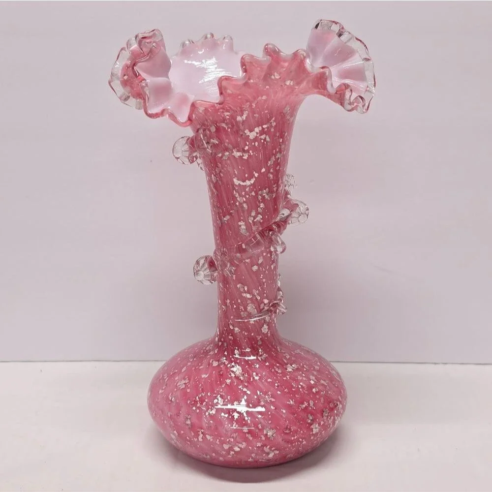 Antique Pink Ruffled Spangle Glass Silver Mica Flakes Vase Stevens & Williams